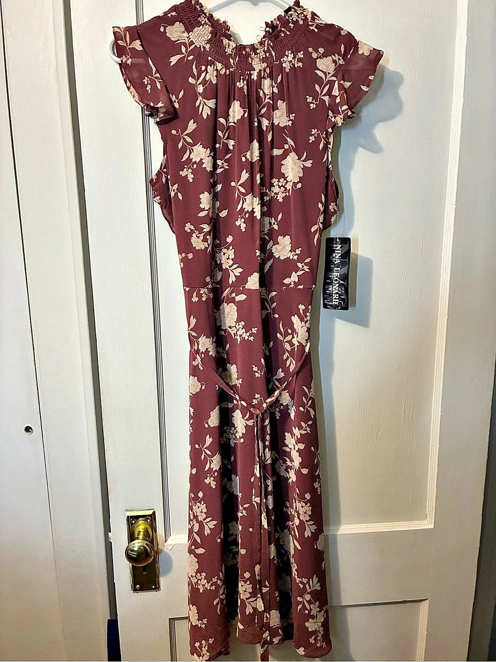 Nina Leonard Smocked Neck Tie Waist Midi Dress Purple & White Medium